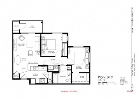 Floor plan for 2 beds, 1 bath, 877 sqft